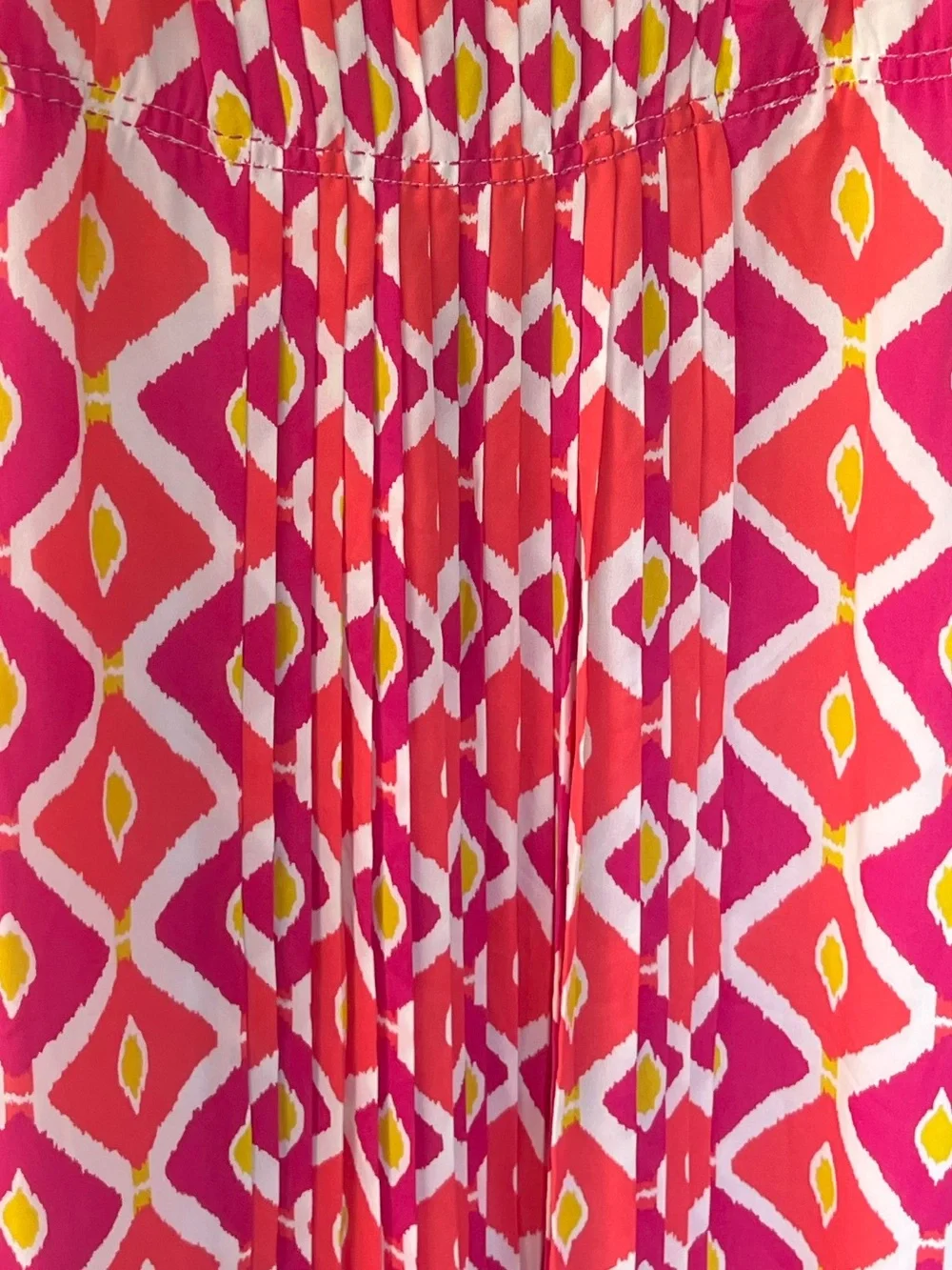 Tory Burch Summer Fuchsia-Red-White-Yellow Geometric Silk Dress with neck trim 4